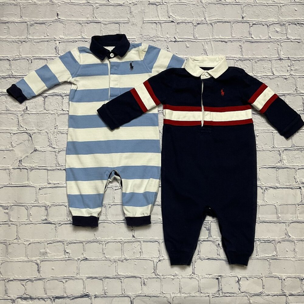 2 Ralph Lauren Cotton Jersey Rugby Coverall, Size 6M